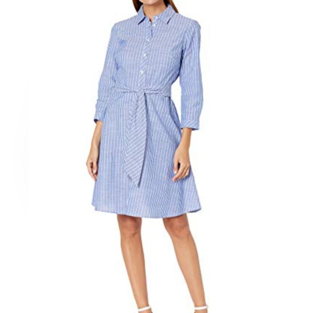Tommy Hilfiger Blue Tie Waist Striped Shirt Dress Size 8